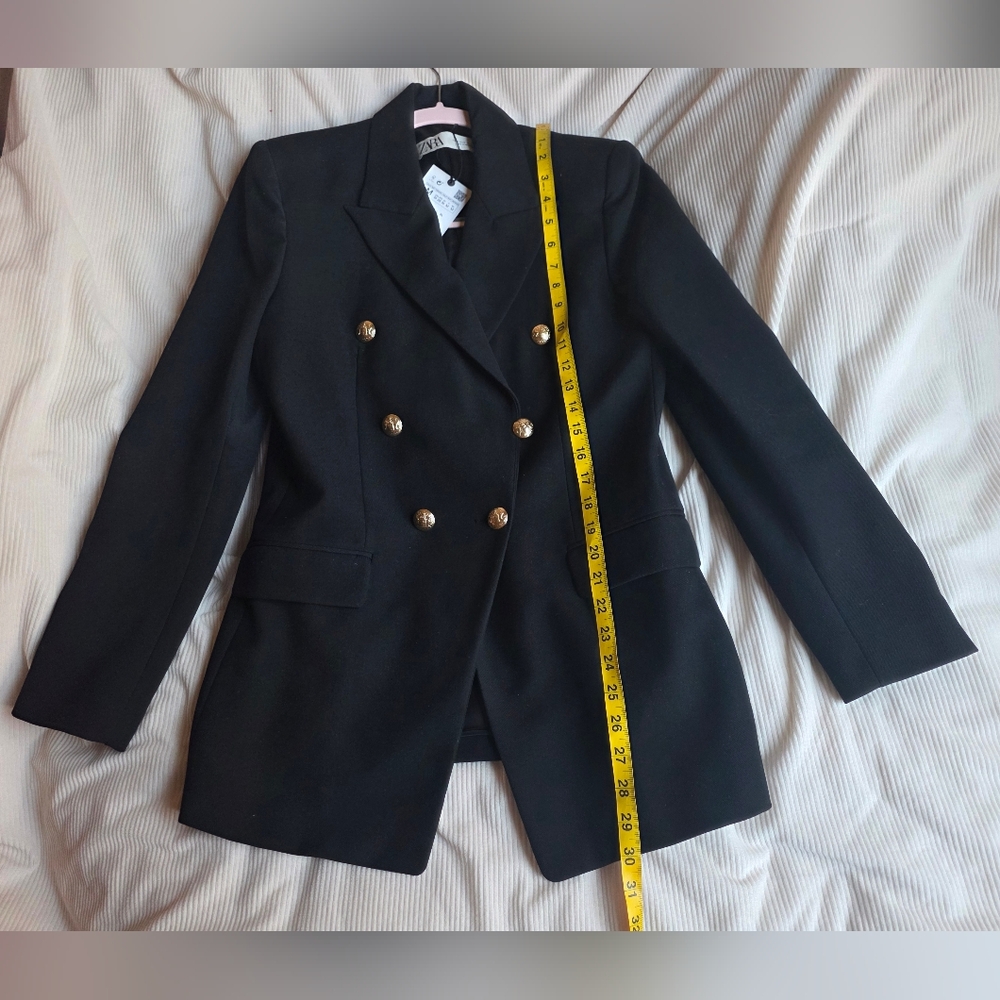 Zara Double Breasted Jacket Blazer Golden Buttons Zw Collection Black Sz M Nwt - Picture 3 of 10